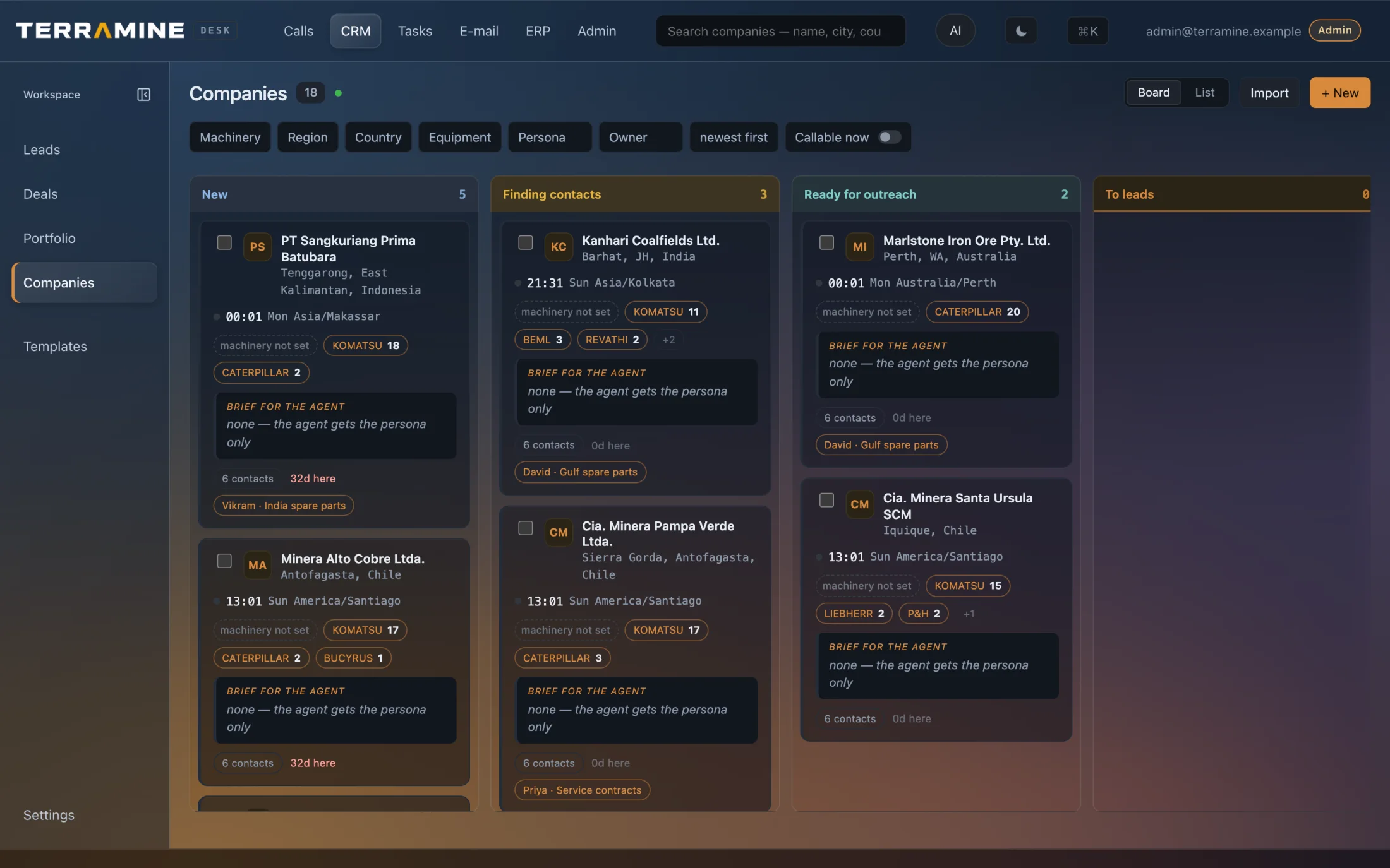 The Companies board: New, Finding contacts and Ready for outreach columns of mining companies, each card with the site, the local time there and the machine brands they run.