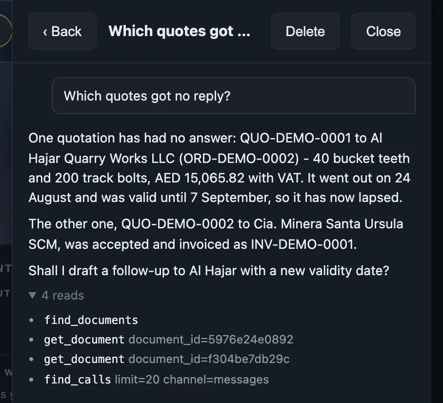 The Ask panel: the question "Which quotes got no reply?", an answer naming one lapsed quotation and one accepted, and the four reads behind it.