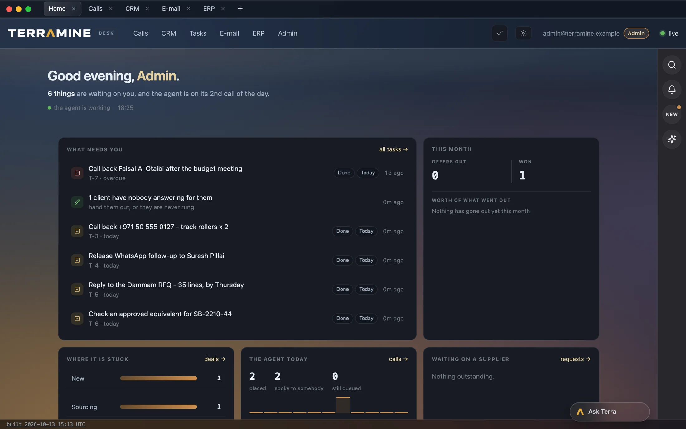 The Terramine Desk app on a Mac: a strip of tabs - Home, Calls, CRM, E-mail, ERP - above the desk's own header, and the Home room open with the evening's tasks, the month's figures and the agent's calls.