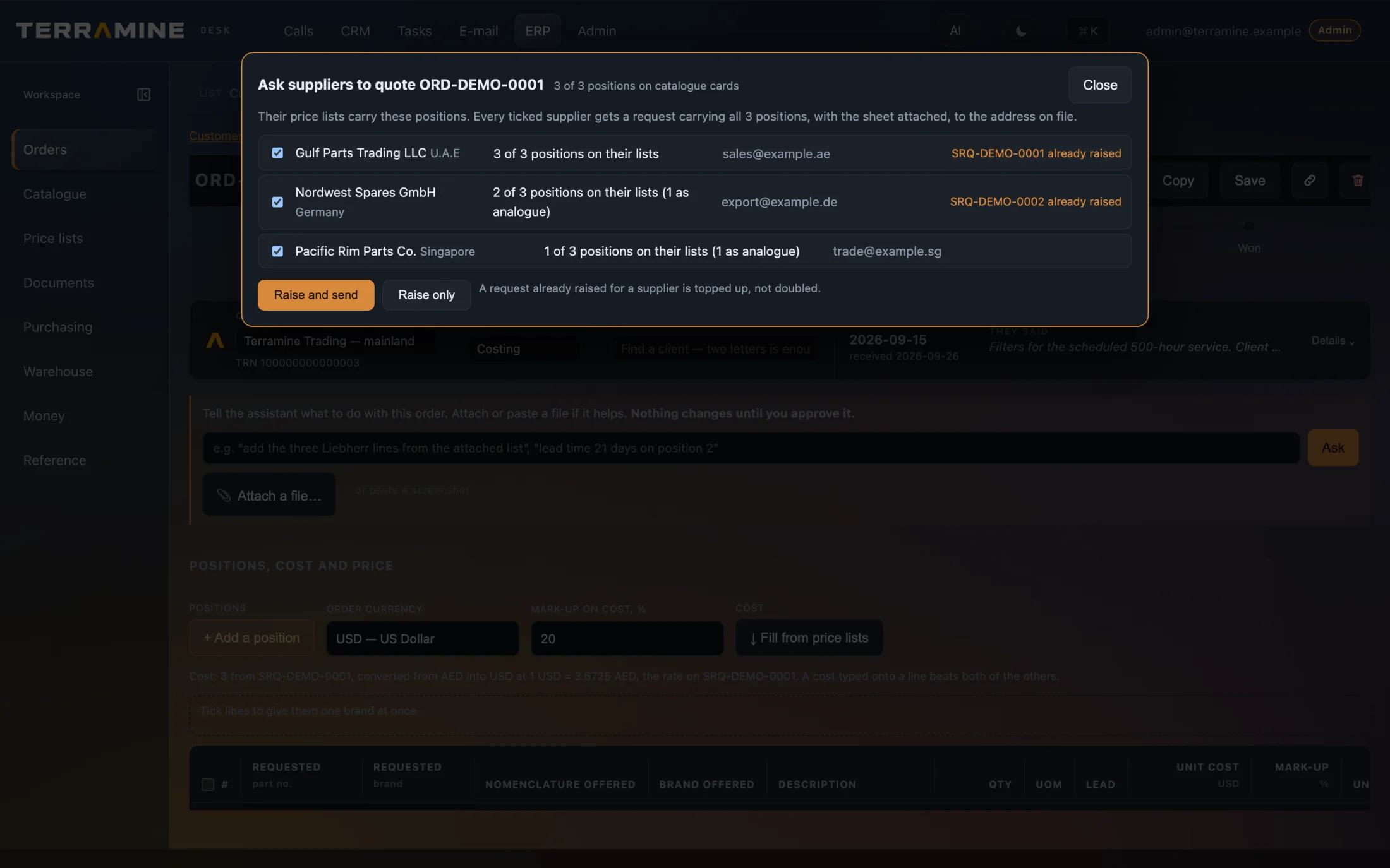 An order with the Ask suppliers window open: three suppliers, how many lines each one's price lists carry, their addresses, and Raise and send.